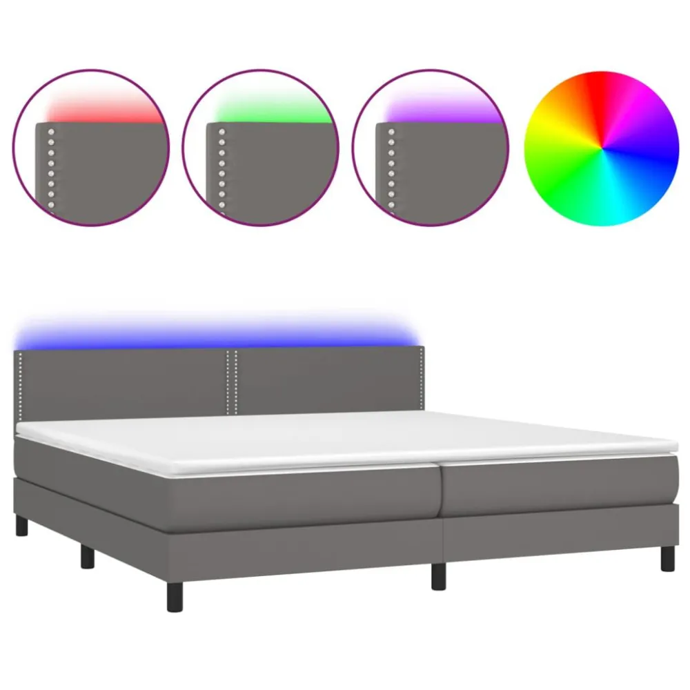 Cama box spring com colchão/LED 200x200cm couro artificial cinza