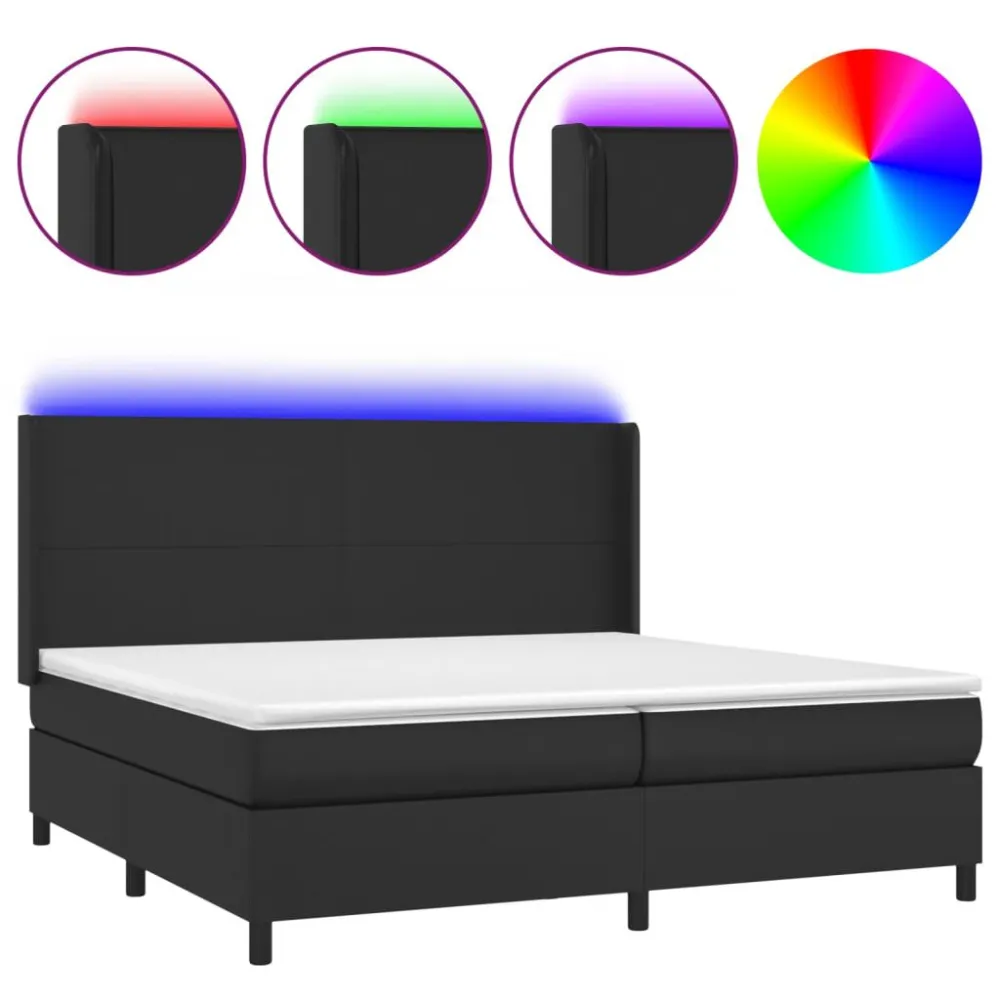 Cama box spring com colchão/LED 200x200cm couro artificial preto