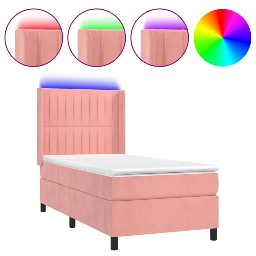 Cama box spring com colchão/LED 80x200 cm veludo rosa