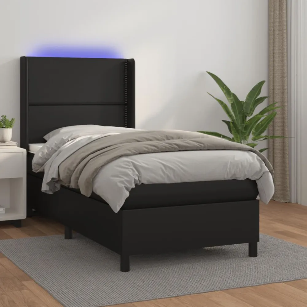 Cama box spring com colchão/LED 80x200 cm couro artificial preto