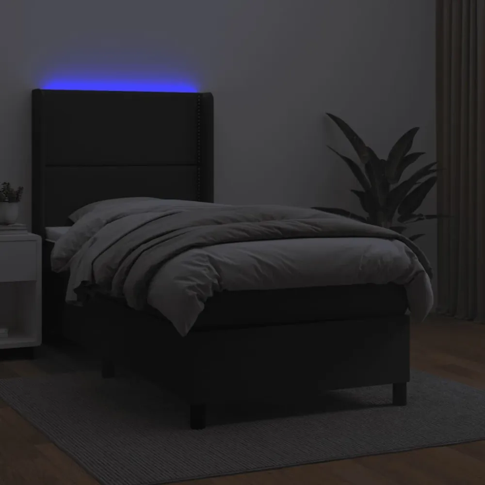 Cama box spring com colchão/LED 80x200 cm couro artificial preto