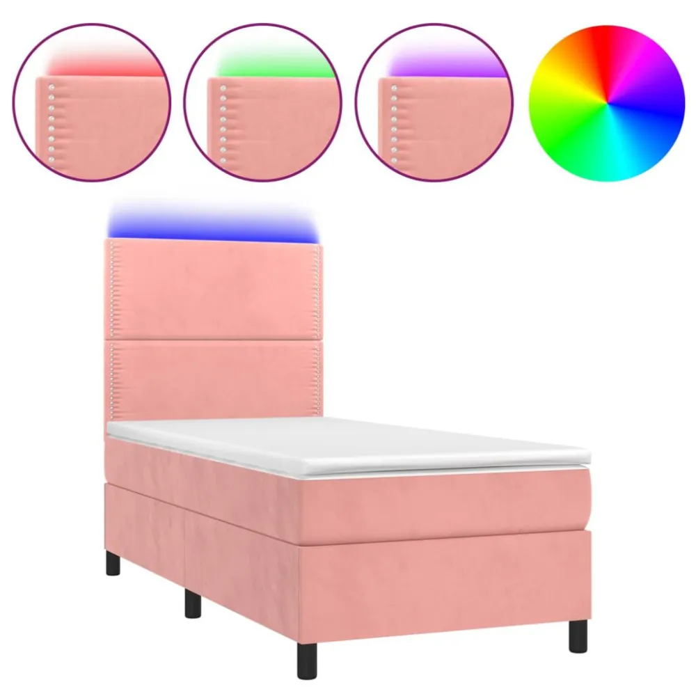 Cama box spring com colchão/LED 80x200 cm veludo rosa