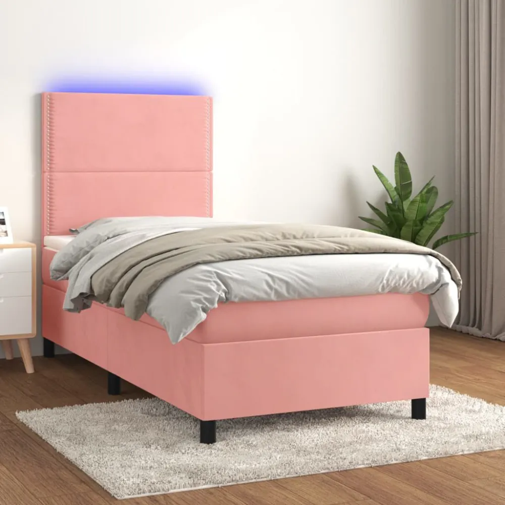 Cama box spring com colchão/LED 80x200 cm veludo rosa