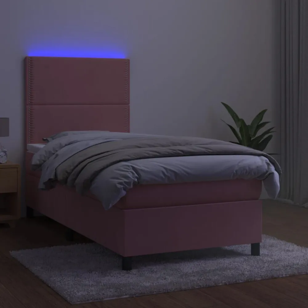 Cama box spring com colchão/LED 80x200 cm veludo rosa