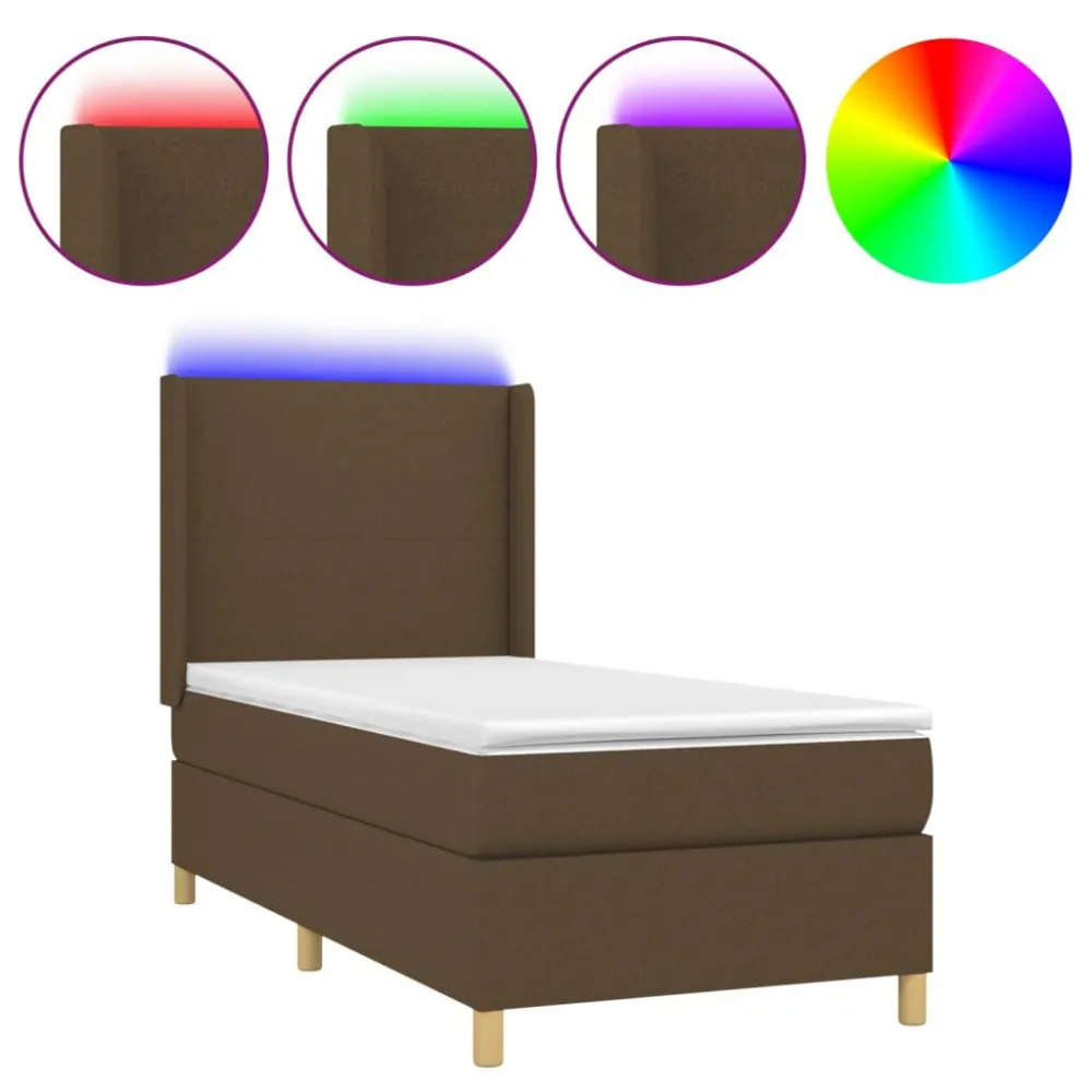 Cama box spring com colchão/LED 90x190 cm tecido castanho-escuro
