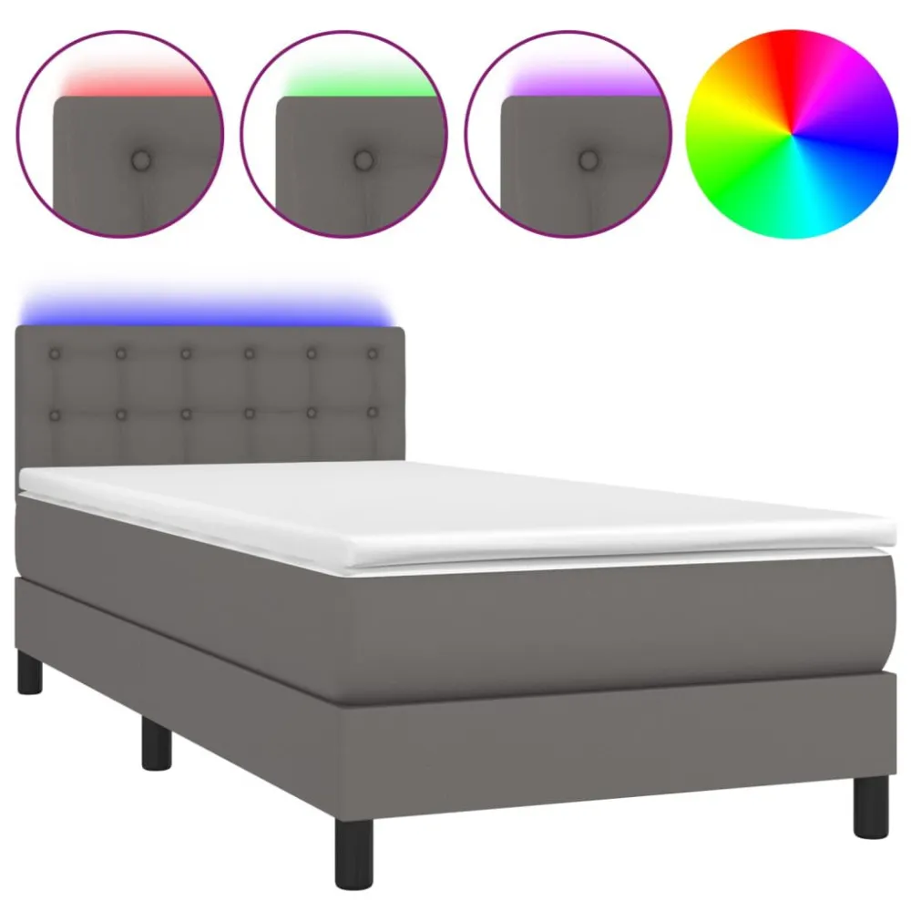Cama box spring com colchão/LED 90x190 cm couro artificial cinza