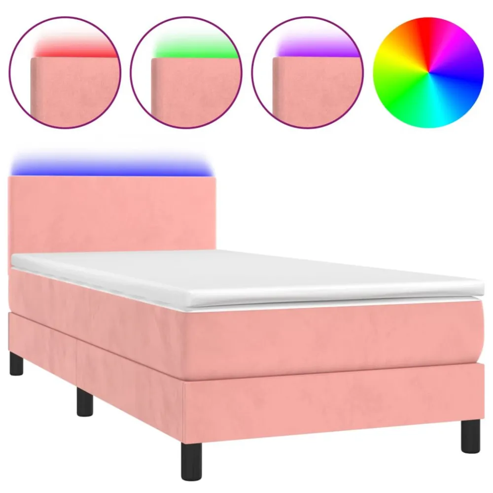 Cama box spring com colchão/LED 90x190 cm veludo rosa