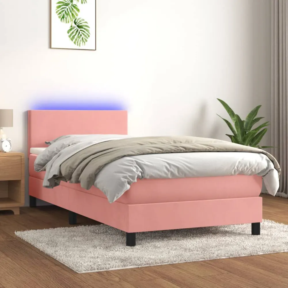 Cama box spring com colchão/LED 90x190 cm veludo rosa
