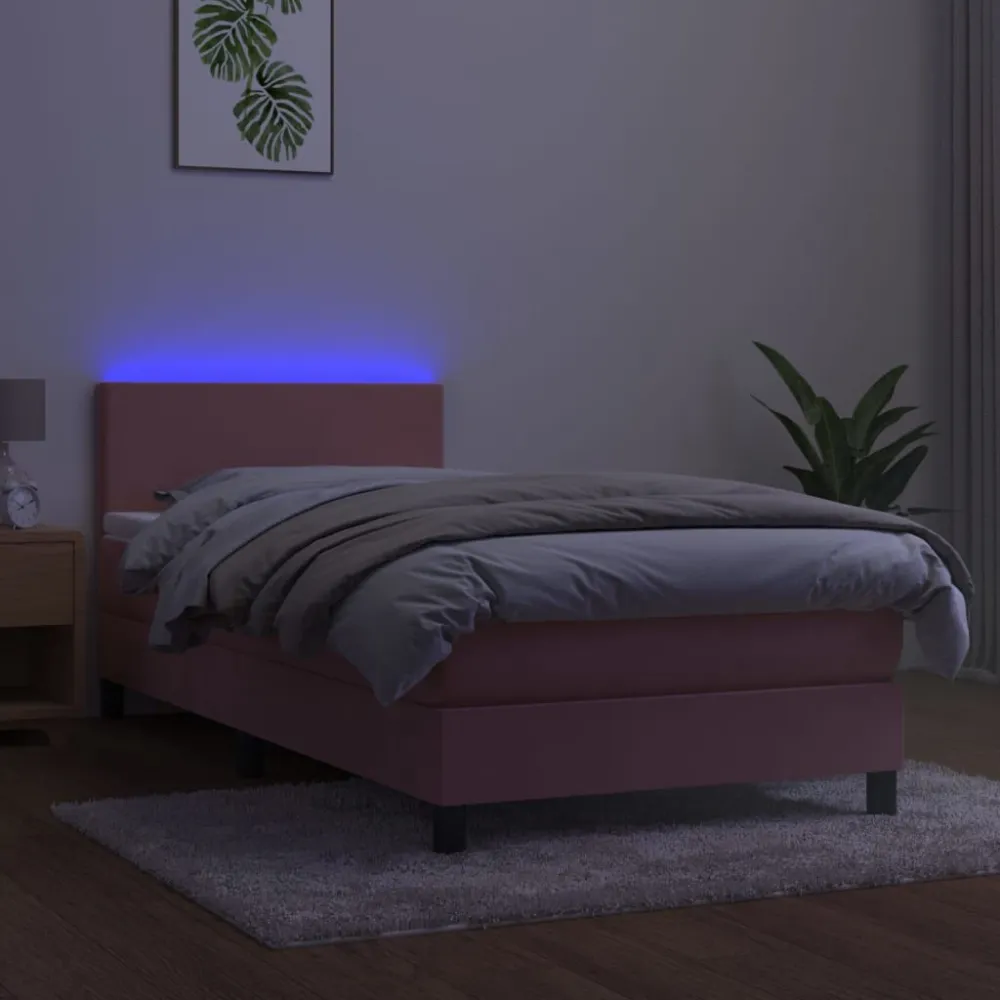 Cama box spring com colchão/LED 90x190 cm veludo rosa