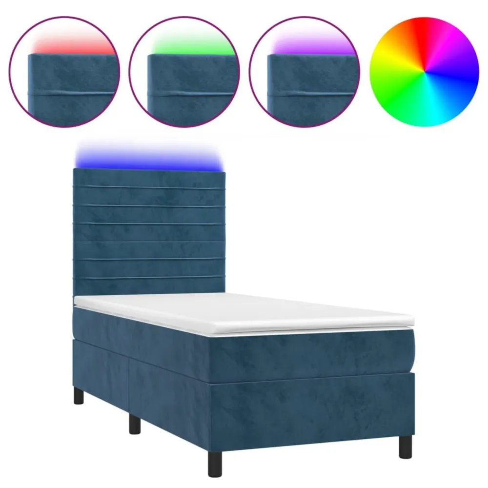 Cama box spring com colchão/LED 90x190 cm veludo azul-escuro