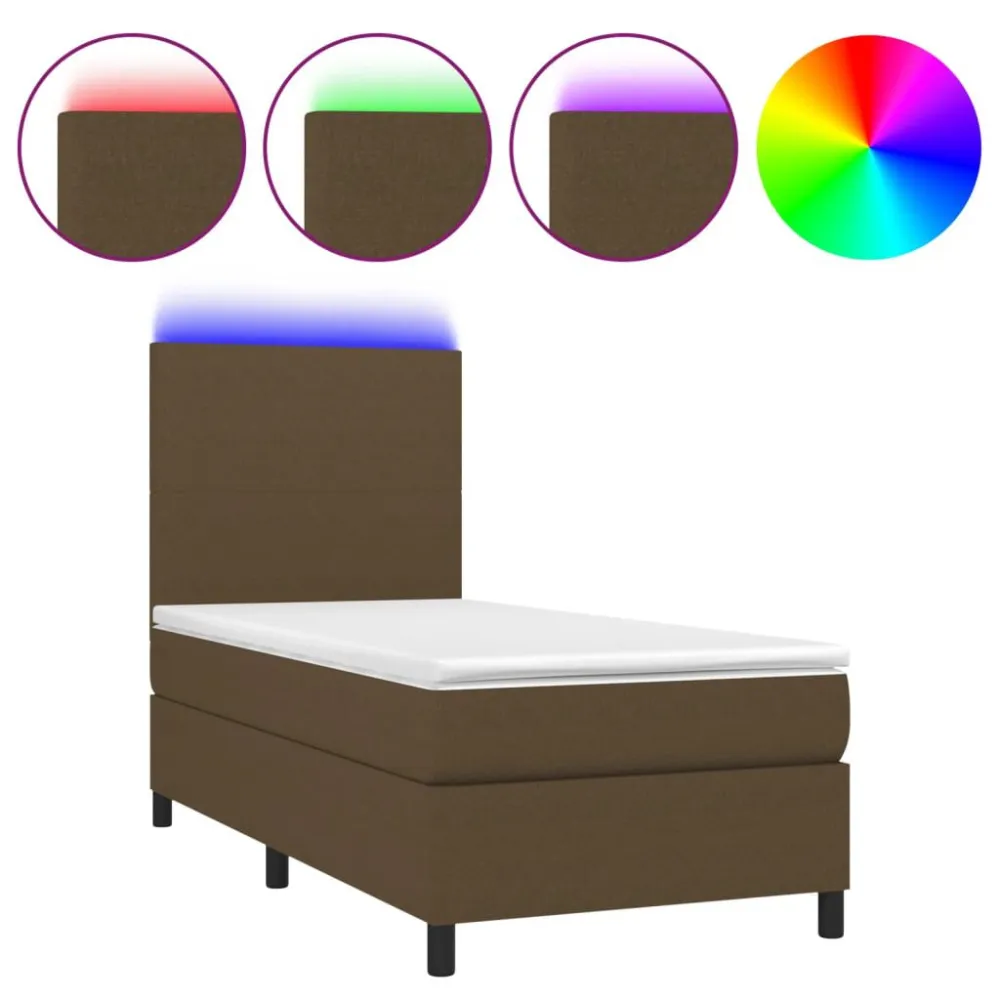 Cama box spring com colchão/LED 90x190 cm tecido castanho-escuro