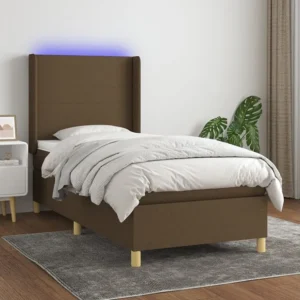 Cama box spring com colchão/LED 90x190 cm tecido castanho-escuro