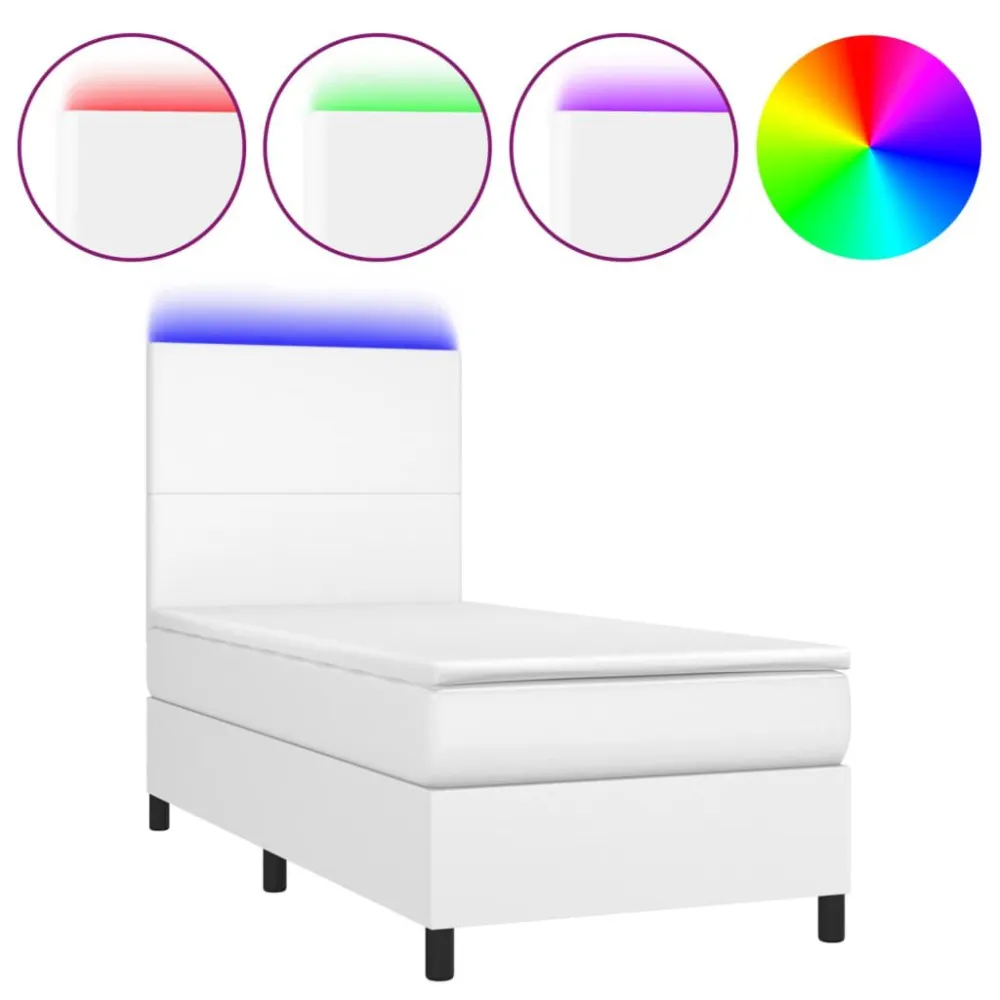 Cama box spring com colchão/LED 90x190cm couro artificial branco