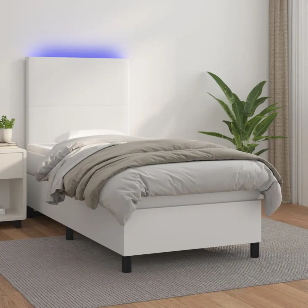 Cama box spring com colchão/LED 90x190cm couro artificial branco