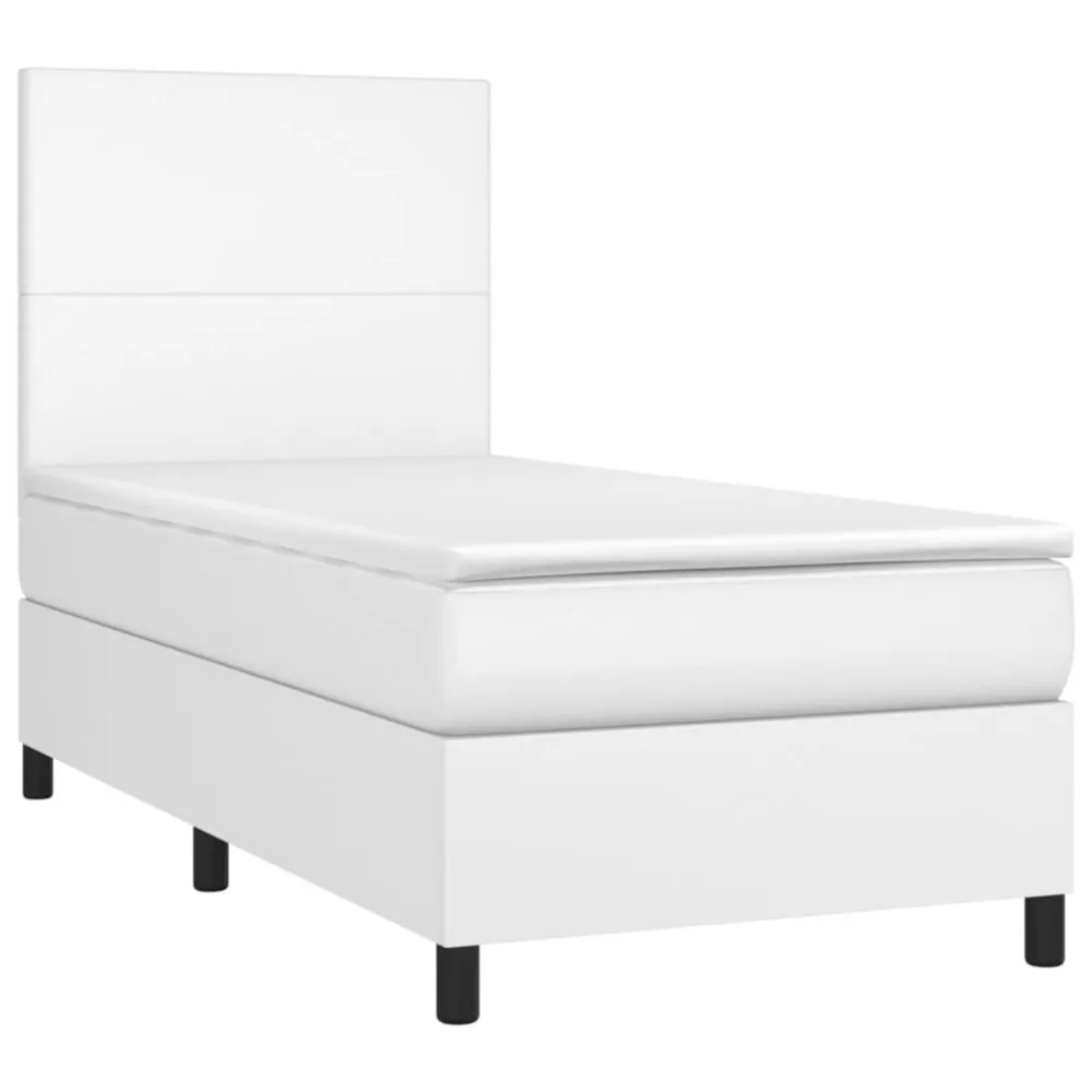 Cama box spring com colchão/LED 90x190cm couro artificial branco