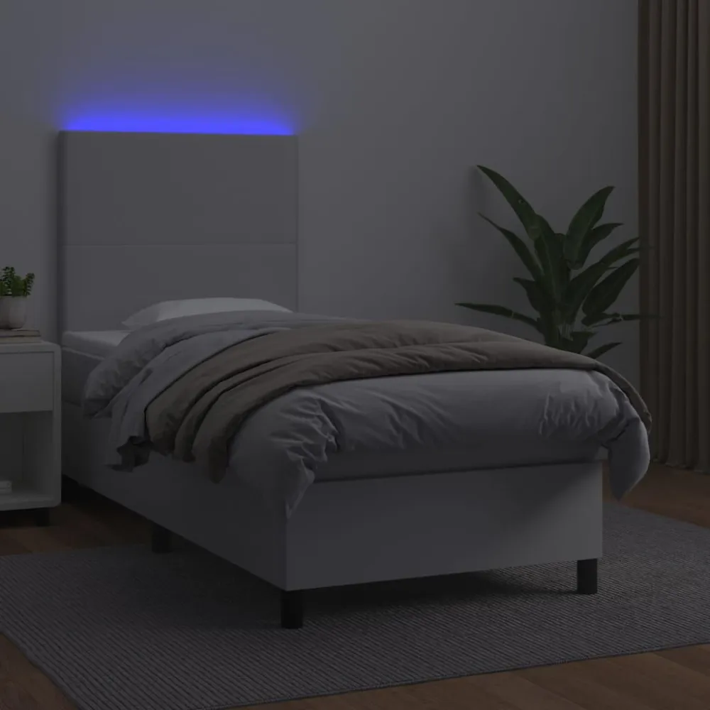 Cama box spring com colchão/LED 90x190cm couro artificial branco