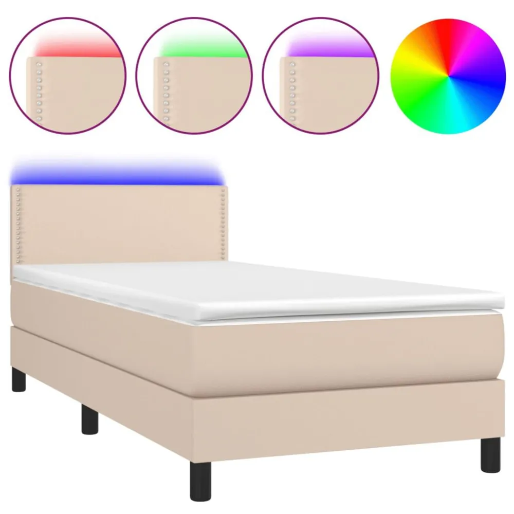 Cama box spring com colchão/LED 90x190cm couro artif. cappuccino