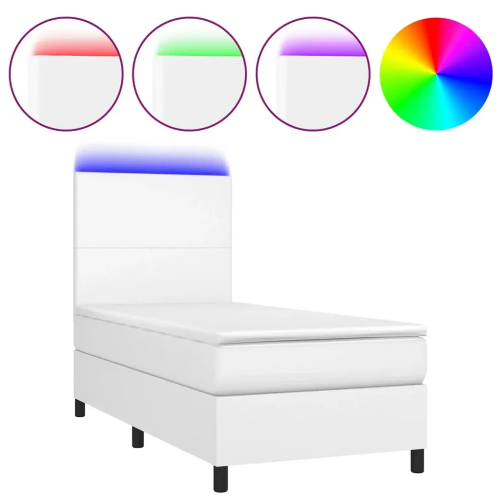 Cama box spring com colchão/LED 90x190cm couro artificial branco