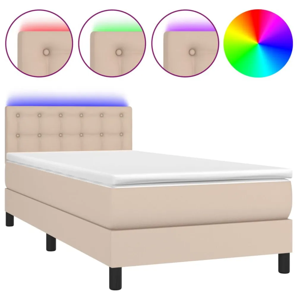 Cama box spring com colchão/LED 90x190cm couro artif. cappuccino