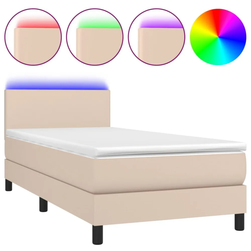 Cama box spring com colchão/LED 90x190cm couro artif. cappuccino