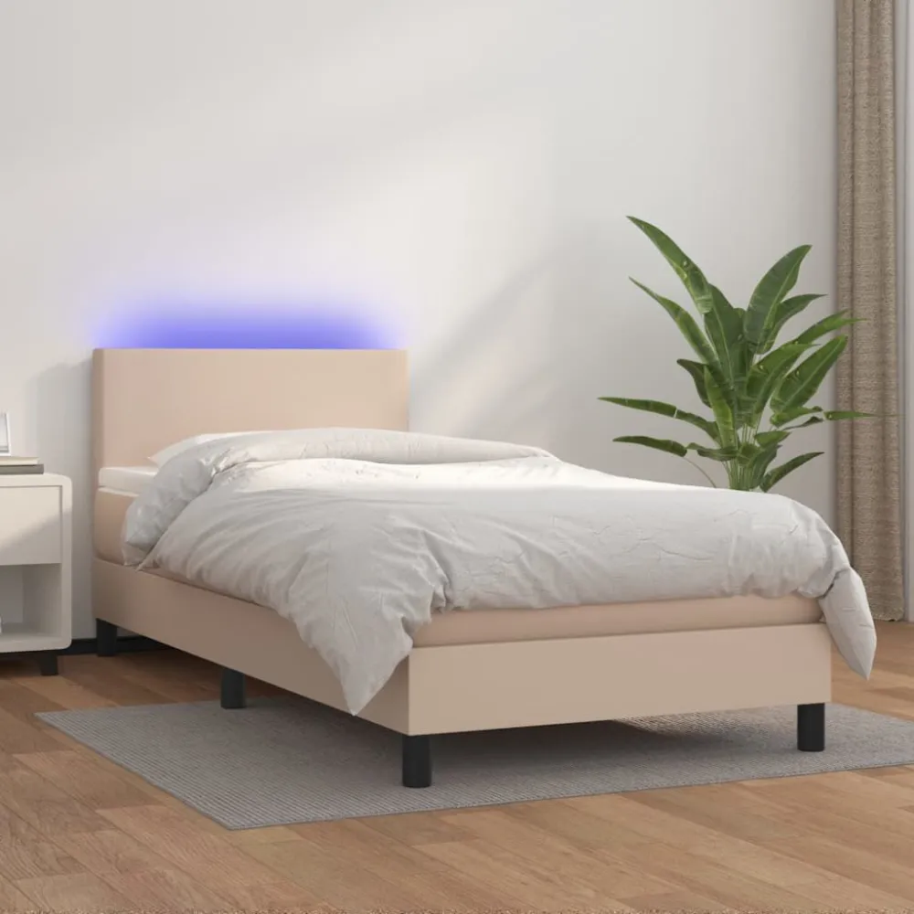 Cama box spring com colchão/LED 90x190cm couro artif. cappuccino