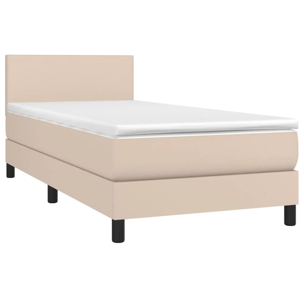 Cama box spring com colchão/LED 90x190cm couro artif. cappuccino
