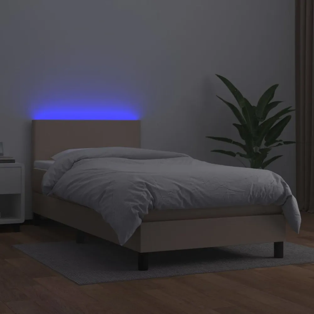 Cama box spring com colchão/LED 90x190cm couro artif. cappuccino