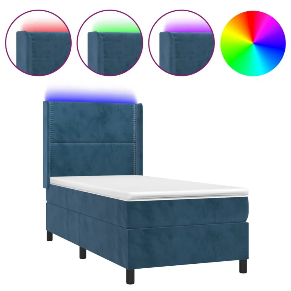 Cama box spring com colchão/LED 90x200 cm veludo azul-escuro