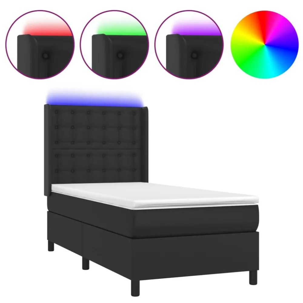 Cama box spring com colchão/LED 90x200 cm couro artificial preto