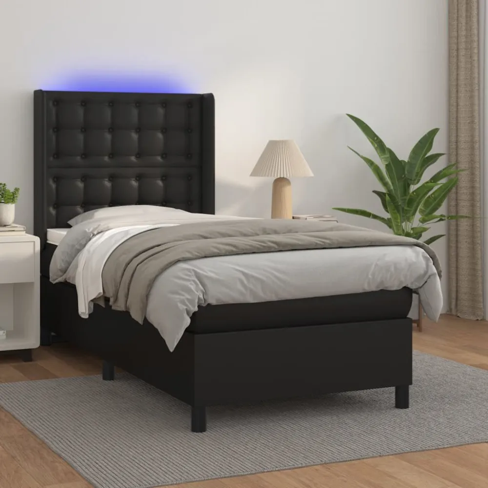 Cama box spring com colchão/LED 90x200 cm couro artificial preto