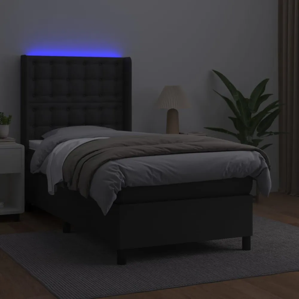 Cama box spring com colchão/LED 90x200 cm couro artificial preto