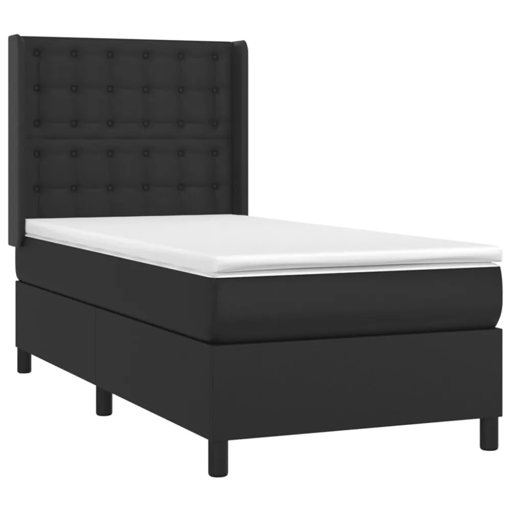 Cama box spring com colchão/LED 90x200 cm couro artificial preto