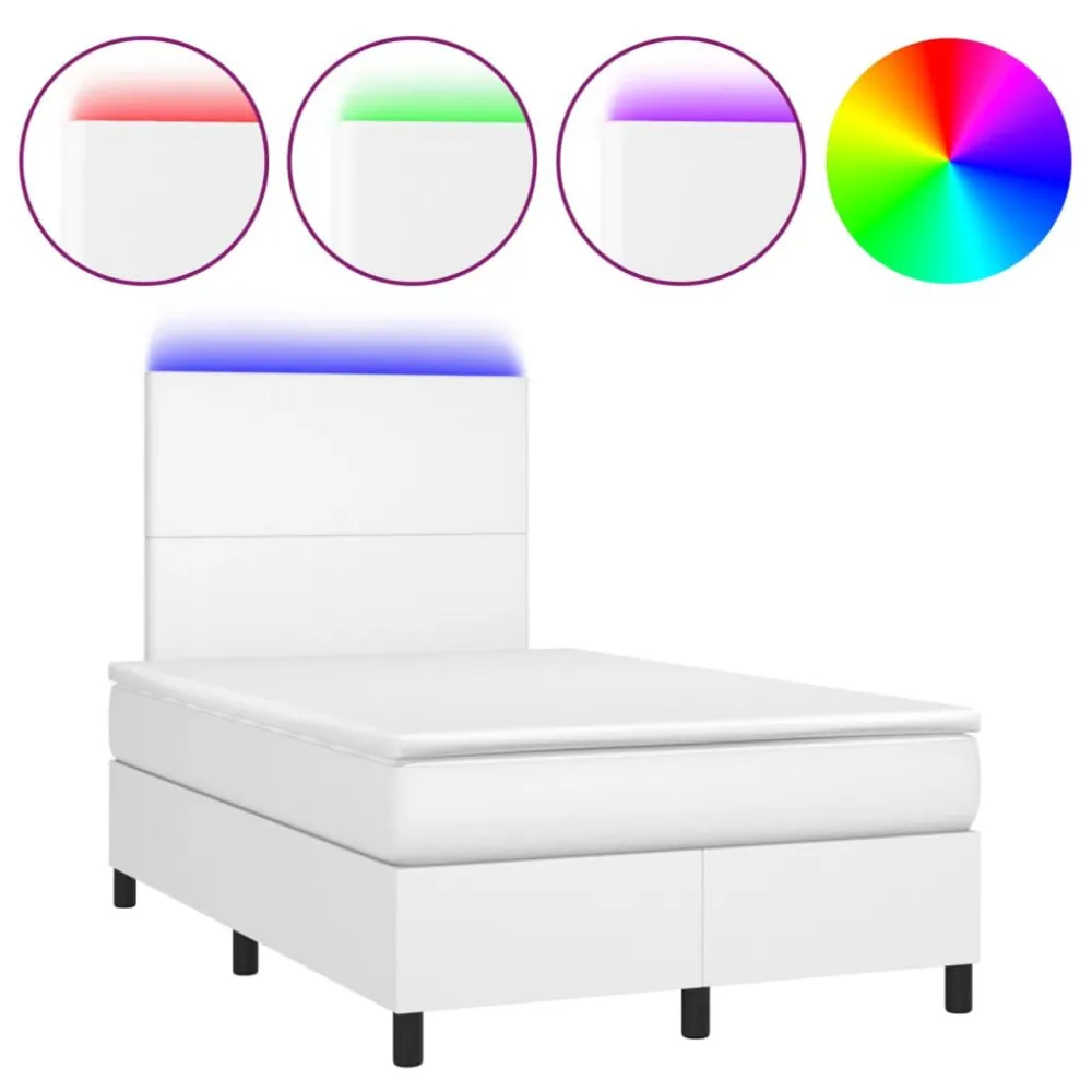 Cama box spring comcolchão/LED 120x190cm couro artificial branco