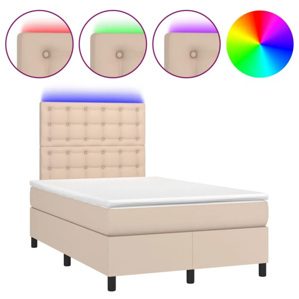 Cama box spring comcolchão/LED 120x200cm couro artif. cappuccino