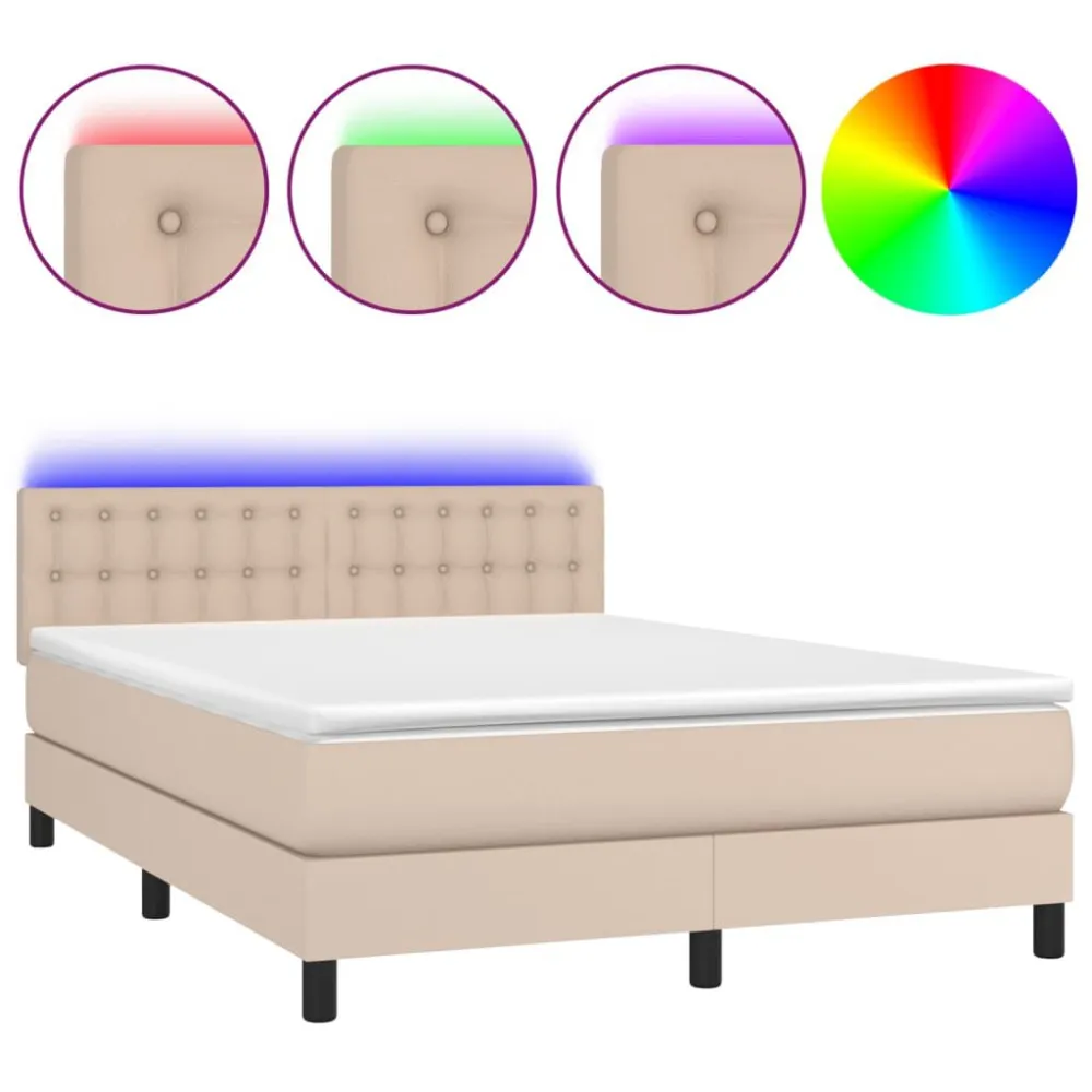Cama box spring comcolchão/LED 140x190cm couro artif. cappuccino