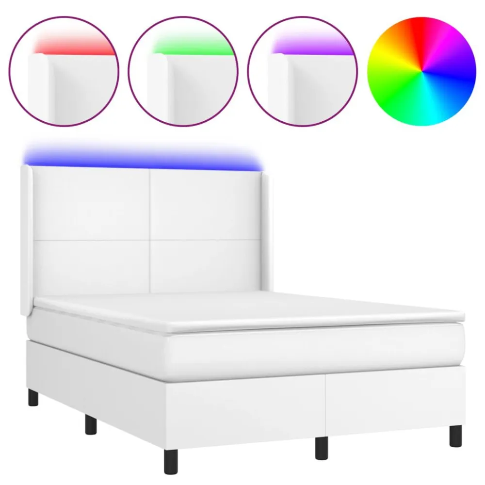 Cama box spring comcolchão/LED 140x200cm couro artificial branco