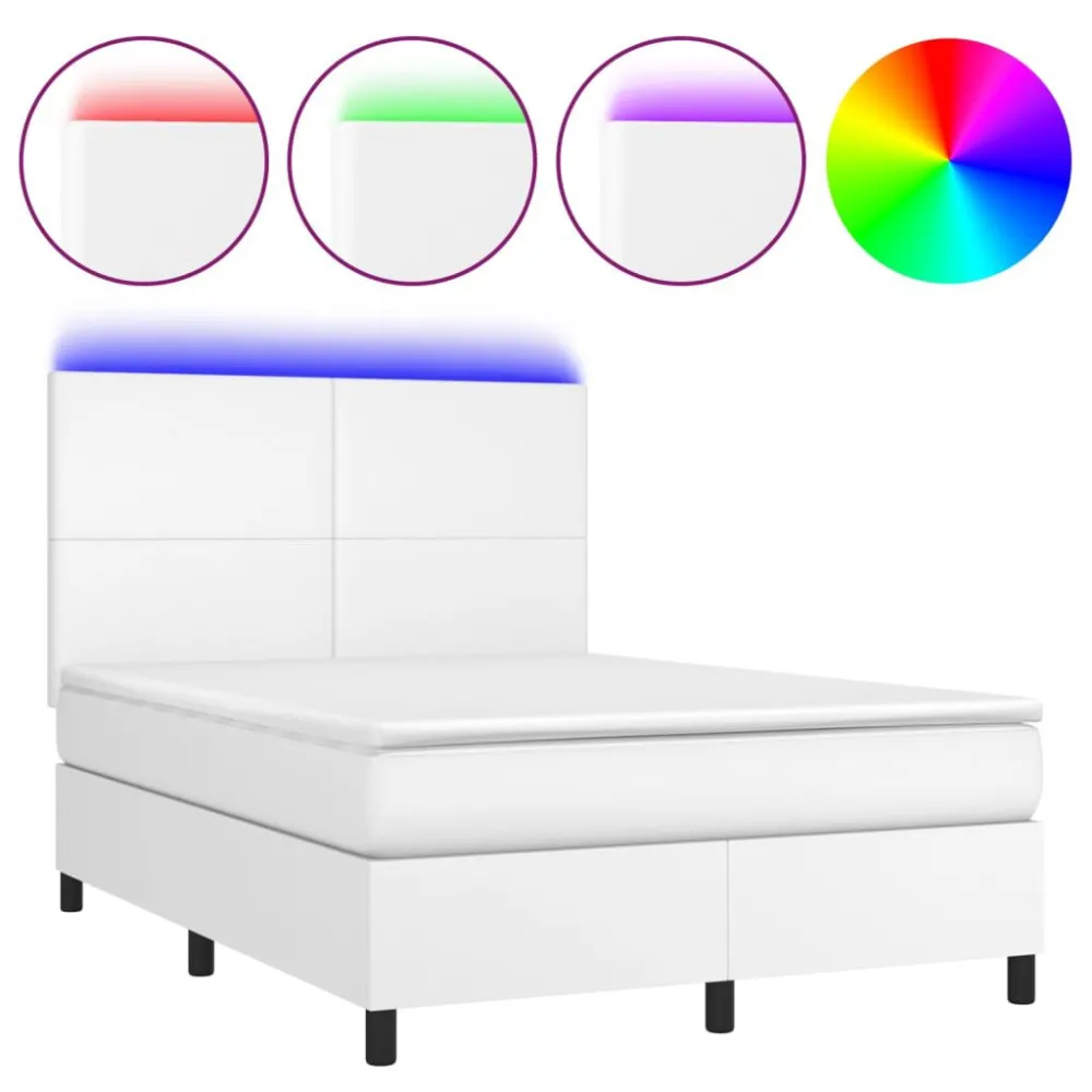 Cama box spring comcolchão/LED 140x200cm couro artificial branco