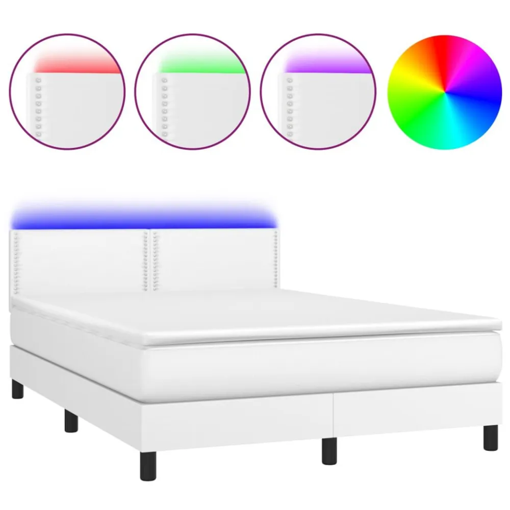 Cama box spring comcolchão/LED 140x200cm couro artificial branco