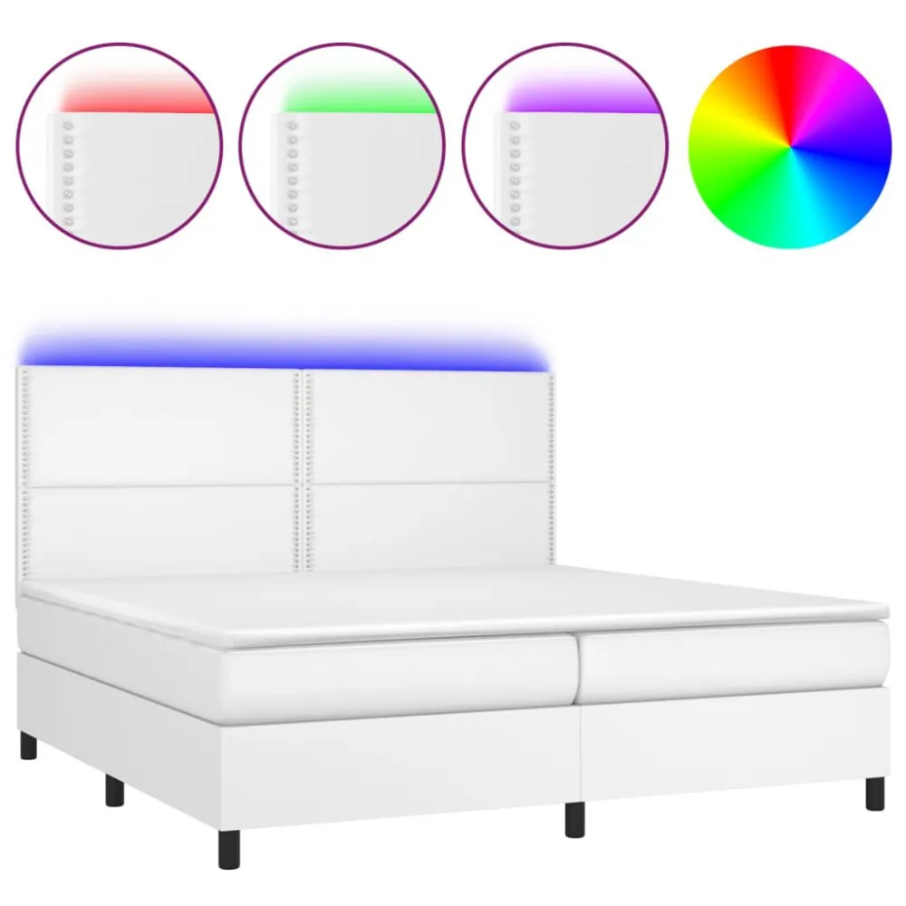 Cama box spring comcolchão/LED 200x200cm couro artificial branco