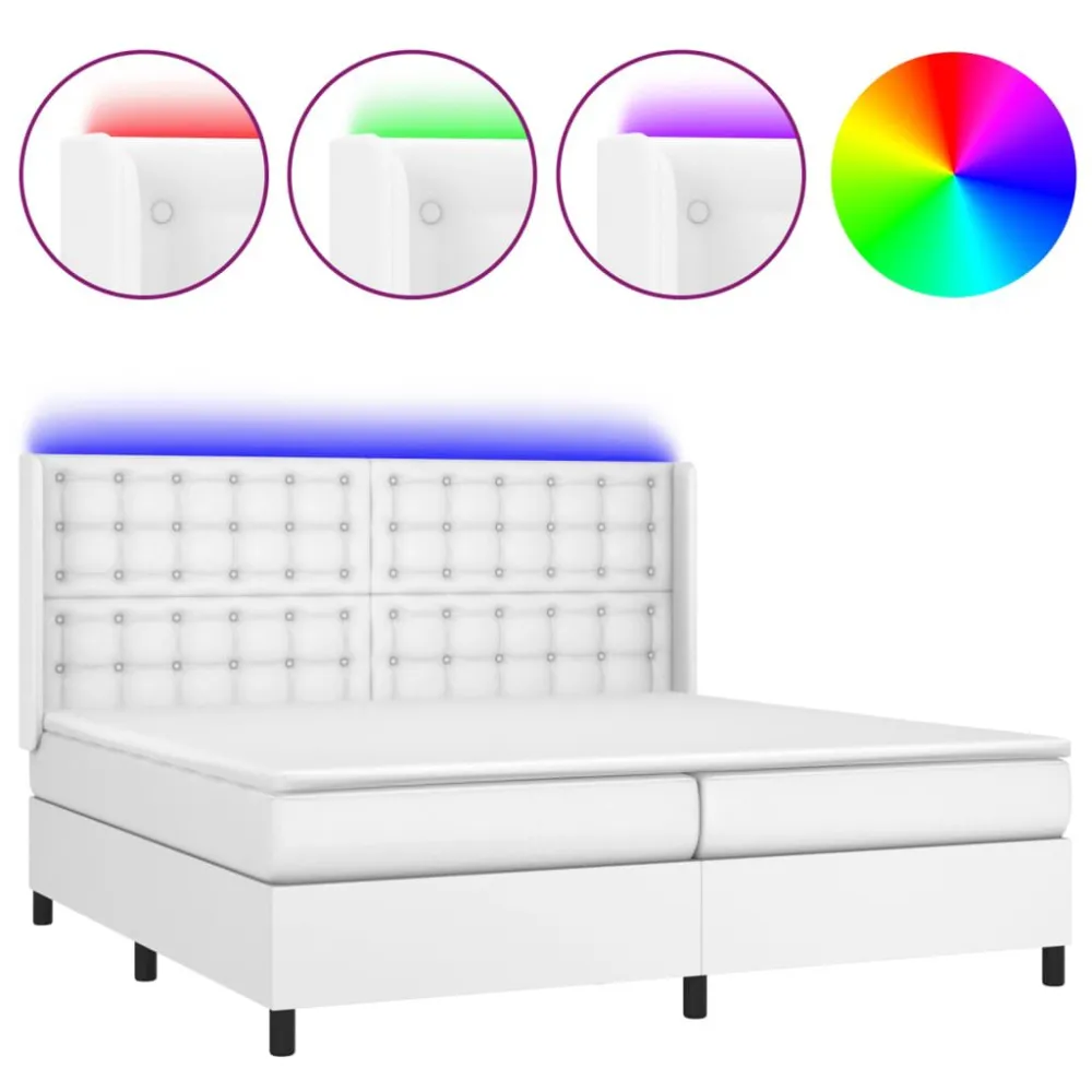 Cama box spring comcolchão/LED 200x200cm couro artificial branco