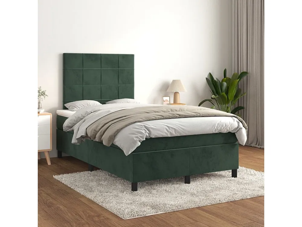 Cama boxspring com colchão 120x200 cm veludo verde-escuro