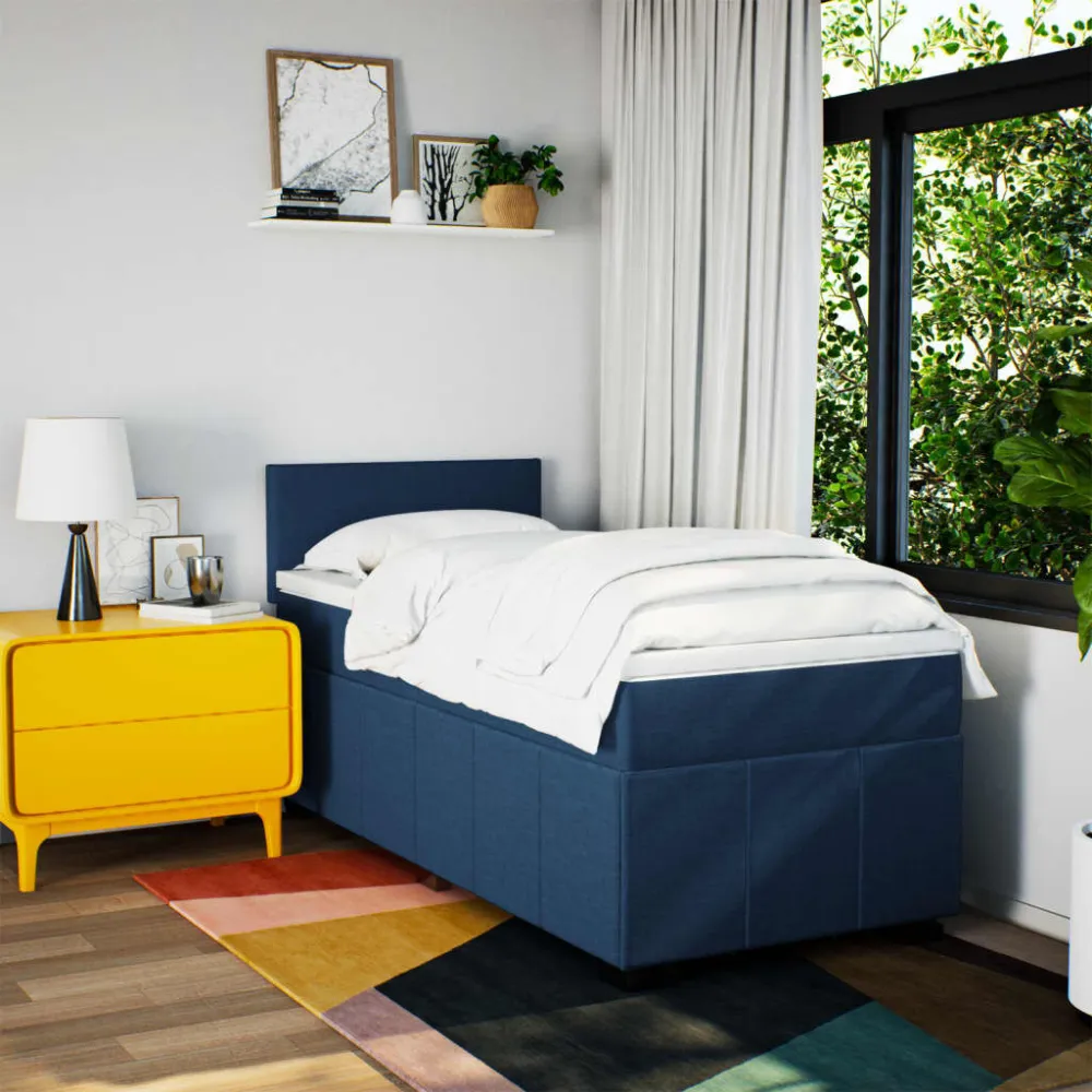 Cama com Cabeceira Cama com molasemcolchão 100x200 cm tecido azul