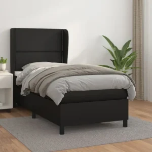 Cama com molas/colchão 90x190 cm couro artificial preto com Cabideiro Incluso