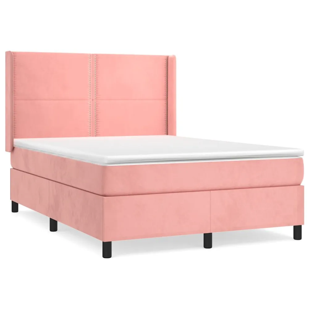 Cama com molasemcolchão 140x190 cm veludo rosa em Pinho Natural