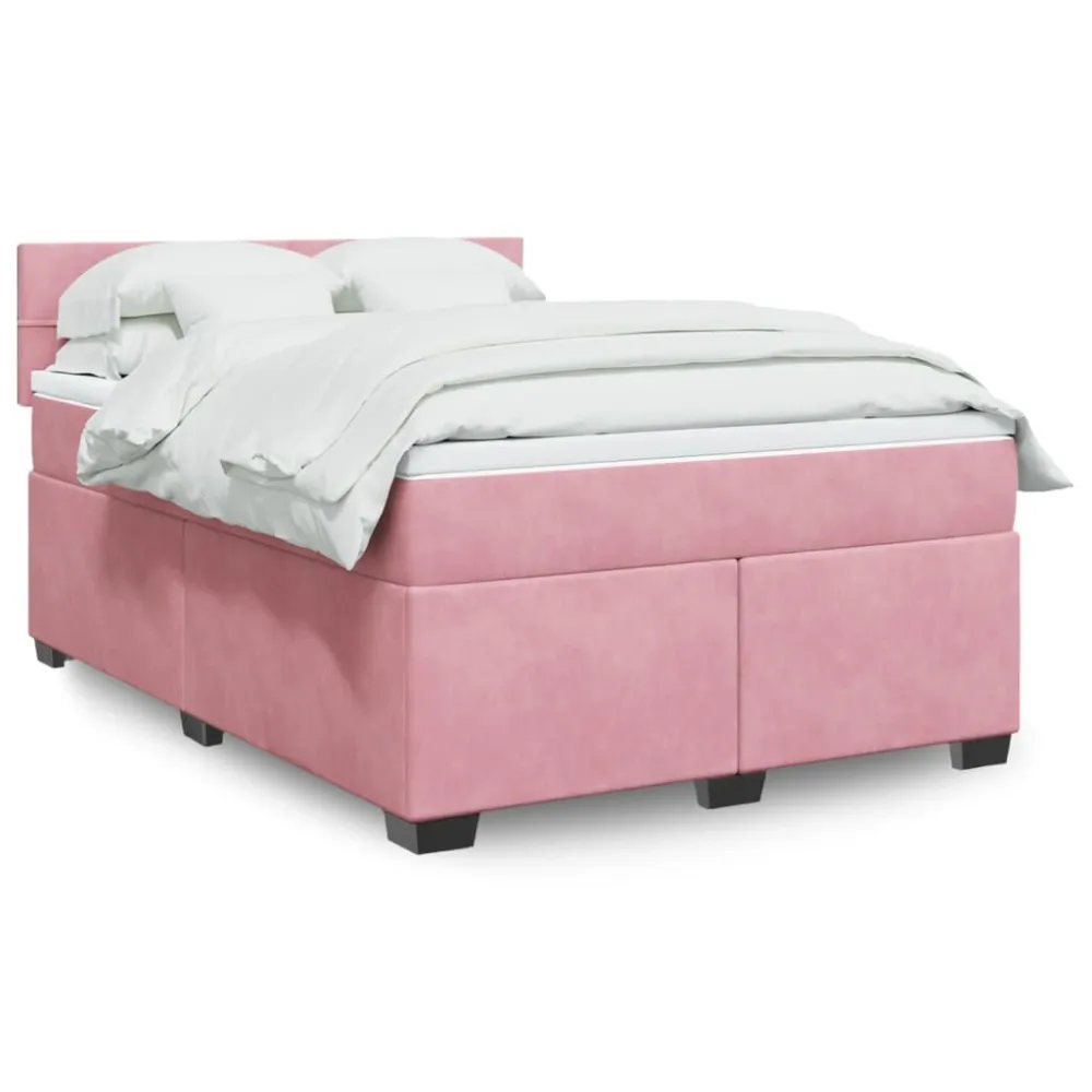 Cama com molasemcolchão 140x200 cm veludo rosa com Pés Ajustáveis