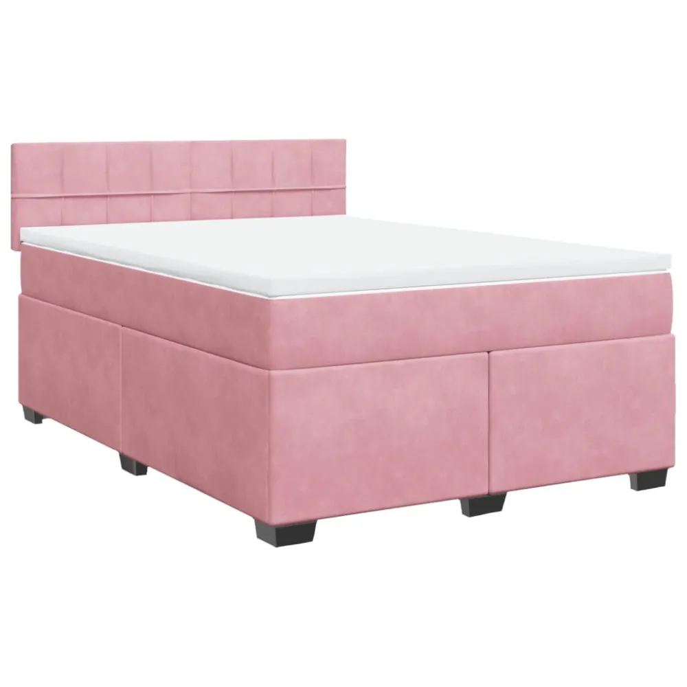 Cama com molasemcolchão 140x200 cm veludo rosa com Pés Ajustáveis