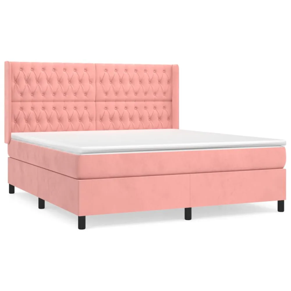 Cama com molasemcolchão 180x200 cm veludo rosa com Colchão Incluso
