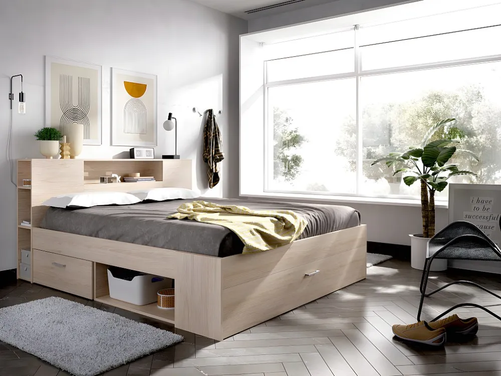 Cama com espaços de arrumação 140 x 190 cm cor espontâneo + sommier - LEANDRE