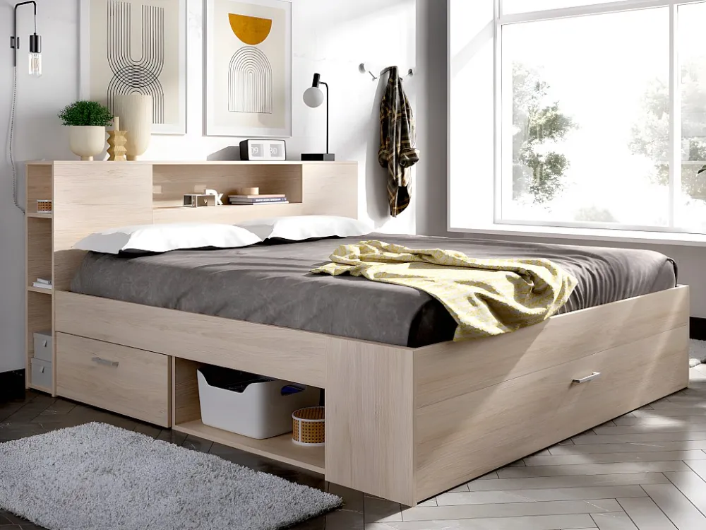 Cama com espaços de arrumação 140 x 190 cm cor espontâneo + sommier - LEANDRE