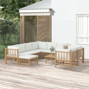 10peças conjunto lounge de jardim bambu com almofadões branco nata Clicnbuy